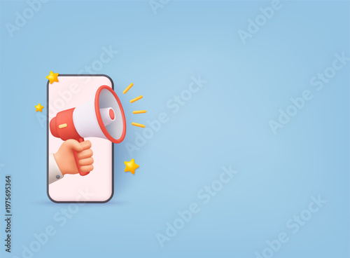 3D illustration of megaphone coming out of smartphone screen, representing online marketing, advertising, social media promotion, and digital communication with audience.