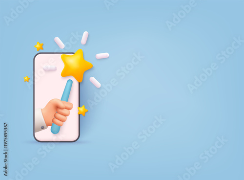 3D illustration of magic wand creating glowing effects on smartphone screen, representing AI-powered tools, automation features, creative editing, and smart mobile application concept.
