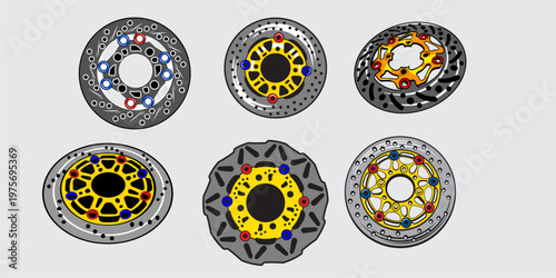Collection of brake disc rotors with various designs and colors. Suitable for motorcycle and automotive braking system themes.