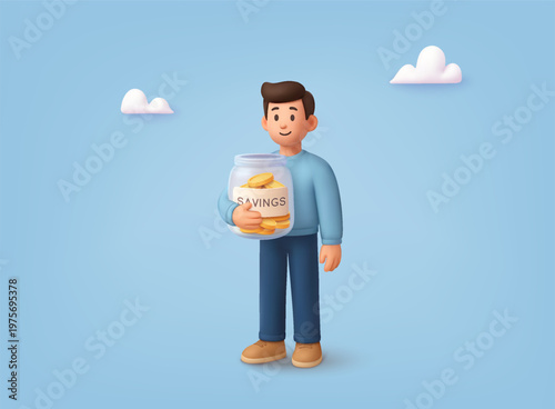 3D illustration of a man holding a jar full of coins labeled savings, representing personal finance, budgeting, financial planning, and money saving concept.