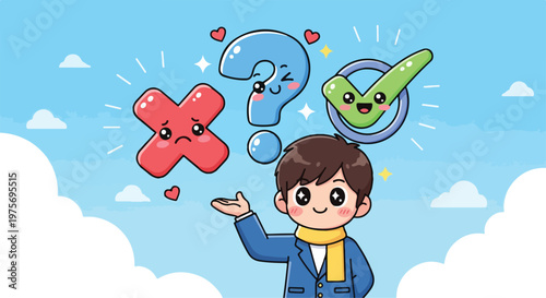 Young boy thinking and making a decision with question marks and symbols above his head in a bright sky background