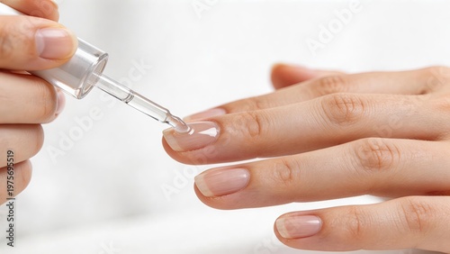 Closeup of a hand applying clear nail polish with a brush showcasing healthy manicured nails and beauty care routine perfect for cosmetic and wellness concepts