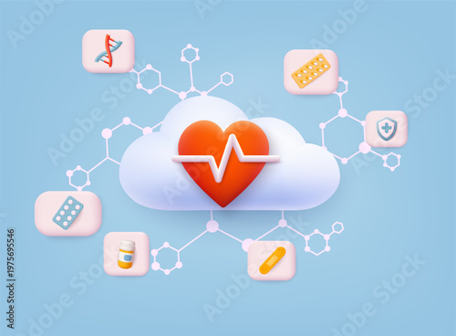 3D illustration of cloud-based healthcare system with heart, medical icons, and data connections, representing telemedicine, digital health services, and medical technology network.