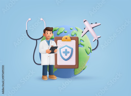 3D illustration of doctor with medical shield and globe, representing global healthcare protection, medical insurance, international health services, and patient safety.