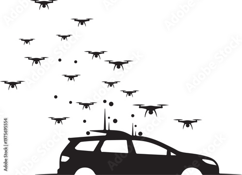 Drone swarming, black silhouette car, aerial surveillance, vehicle tracking