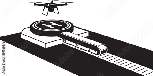 Drone, helicopter landing pad, airport runway, vector illustration