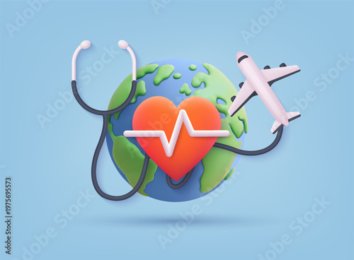 3D illustration of globe with heart and stethoscope connected to airplane, representing global healthcare, medical travel, telemedicine, and international medical services.