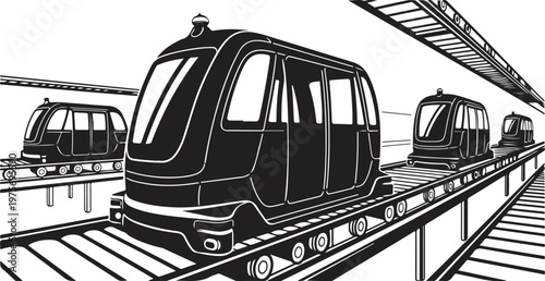 Monorail, train, transportation, vector illustration, futuristic, black and white