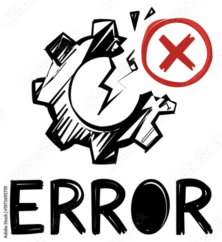 Error icon with broken gear, system failure concept, technical problem symbol