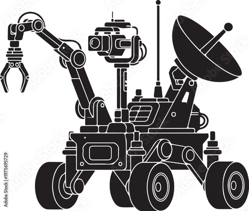 Robotic Mars Rover, Space Exploration Vector, Black and White Illustration, Satellite Dish Robot