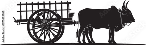 Black ox, ox cart, farm vehicle, rural transportation, silhouette illustration