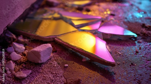 壁際に散らばる鏡の破片と小石。ピンクと黄色のネオンが反射する退廃的な路上。質感豊かな抽象背景