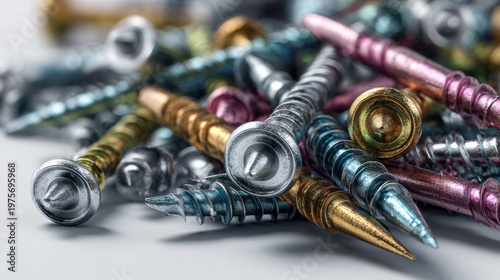 Colorful Screw Assembly: An assortment of vibrantly colored screws, meticulously arranged, showcase the precision and artistry of hardware.