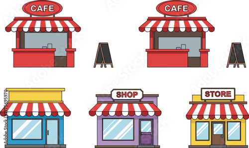 Cafe and Small Shop Storefront Set with Red Awning Street Store Buildings Retail Facade Cartoon Vector Illustration