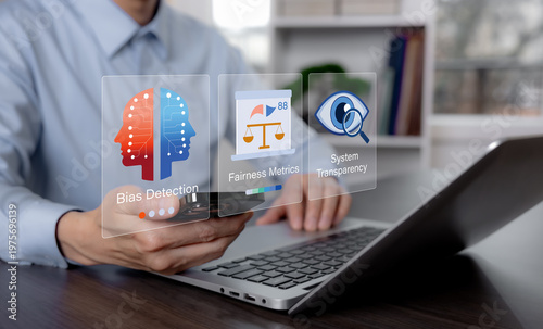 Foto Business interface showing bias detection, fairness metrics, and system transparency, representing responsible AI evaluation, ethical review, and trustworthy algorithm oversight