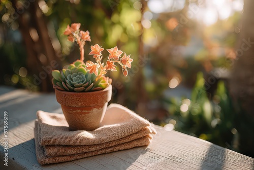 Close up of a small succulent plant in a terracotta pot with blooming orange flowers set on a textured cloth with warm sunlight filtering through green foliage creating a soft bokeh effect in the
