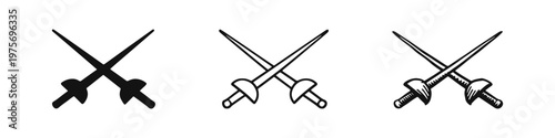 Crossed Fencing Foils Vector Icon Set - Silhouette, Outline, and Hand-Drawn Styles on White Background
