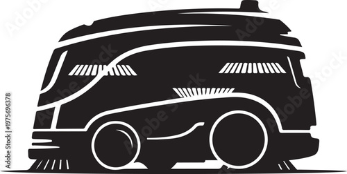 Black, modern street sweeper vehicle, urban cleaning truck, road maintenance equipment, vector illustration