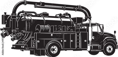 Fire truck, fire engine, emergency vehicle, black and white, vector illustration