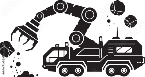 Industrial robotic arm truck, heavy machinery vector, construction equipment icon, black silhouette
