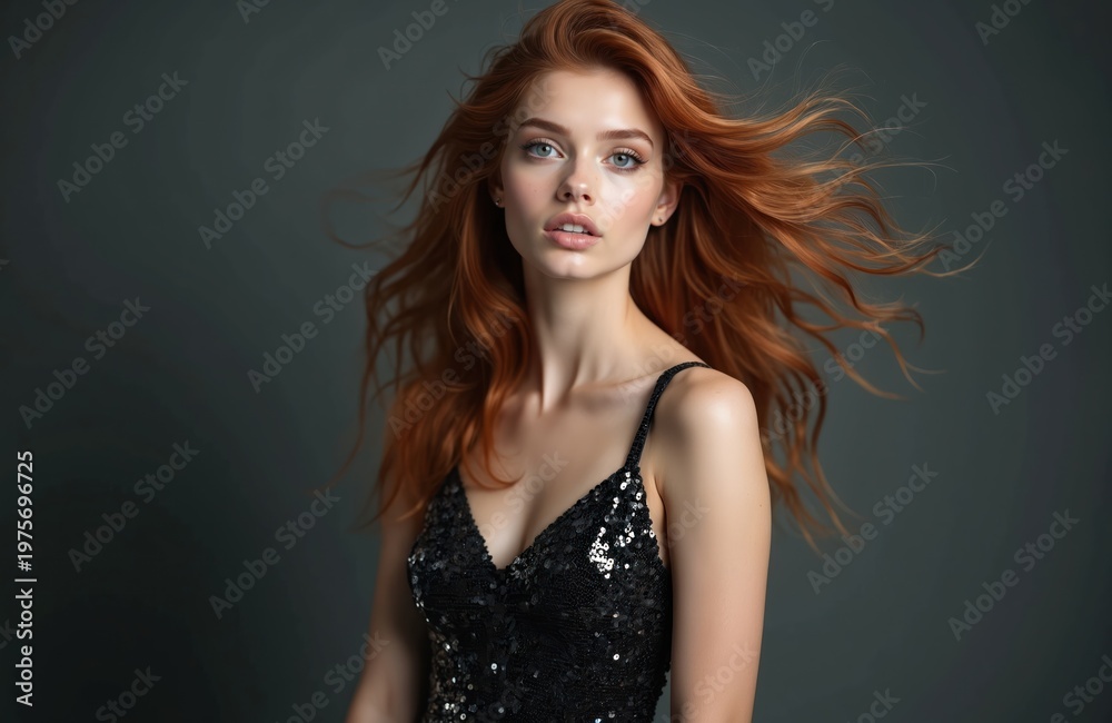 Naklejka premium Young woman with flowing red hair in sparkling black dress. Looks directly at camera with confident expression. Studio shot with neutral gray background. Hair windblown adding dynamic effect.