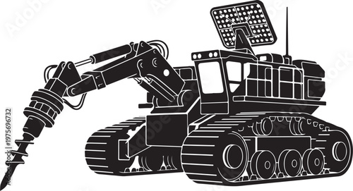 Heavy duty excavator, drilling machine, construction equipment, industrial vehicle, black and white vector