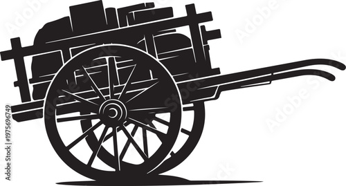 Vintage cart, black wheelbarrow, farm wagon, rustic vehicle, silhouette icon