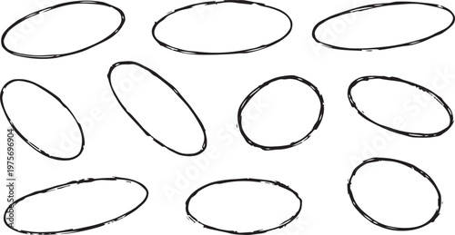 A collection of nine simple, hand-drawn black oval circles and elliptical frames.