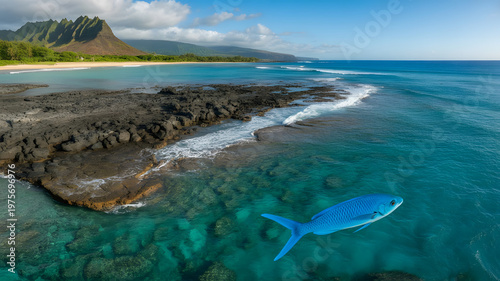 Aerial panorama of the West coast of Oahu, area of Papaoneone beach. Hawaii, USA. A blue fish in the water at the coast. aerial view of a tropical island.