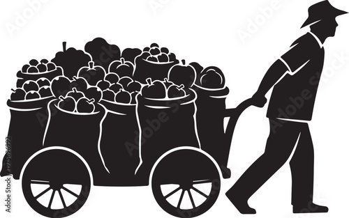 Black silhouette farmer pushing cart, loaded with sacks, rural labor vector