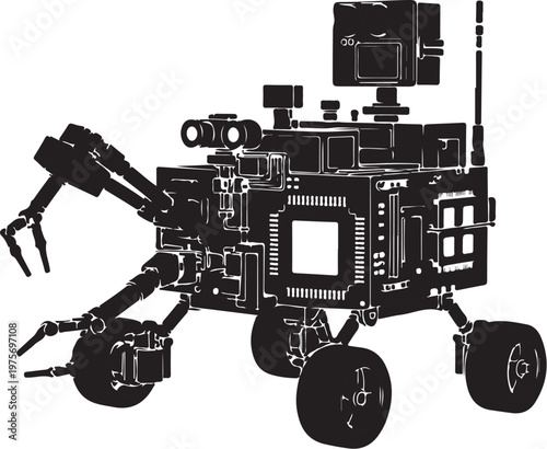 Robotic Mars Rover, Space Exploration Vehicle, Black and White Illustration, Vector Robot Design