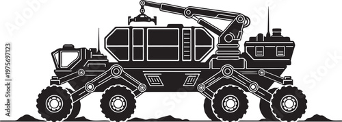 Futuristic military vehicle, sci-fi transporter, robotic truck, black illustration