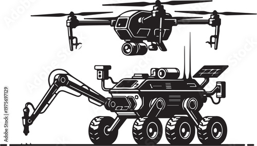 Robotic Mars Rover, Space Exploration Drone, Black Vector Illustration, Space Technology