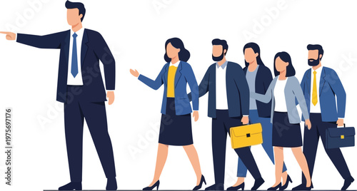 Business team walking together led by a confident executive leader