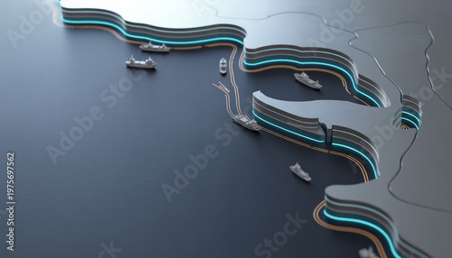 Miniature metallic cargo ships navigate complex glowing sea routes along a stylized futuristic coastline featuring intricate layered topography and vibrant neon blue light accents representing advance