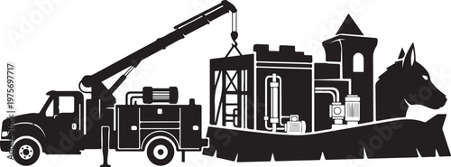 Black silhouette, donkey, castle, crane truck, industrial scene, vector illustration, construction, fantasy, mythical