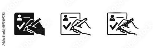 Hand signing document icon set. Application, registration, or approval process with checkmark.