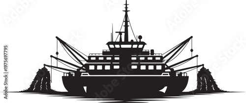 Fishing Trawler, Boat Silhouette, Black Vector Illustration, Nautical Icon