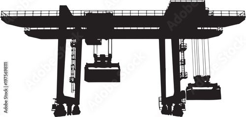 Industrial gantry crane, heavy duty lifting equipment, black silhouette, industrial machinery, construction gear