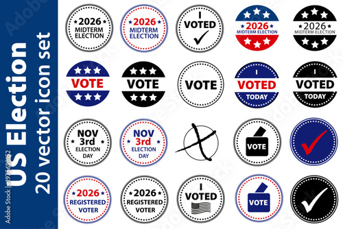 Us midterm election 2026, November 3rd vector icon set