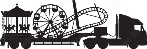 amusement park rides on truck, carnival attractions vector, fairground equipment transport, black silhouette illustration