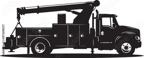 Tow truck, heavy duty vehicle, silhouette illustration, black and white