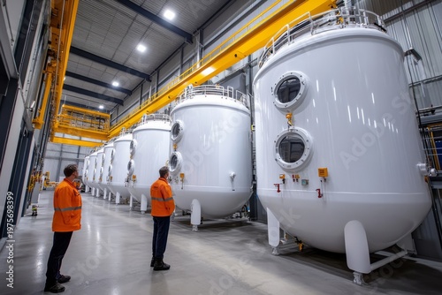 selective focus industrial factory floor with large biogas tanks