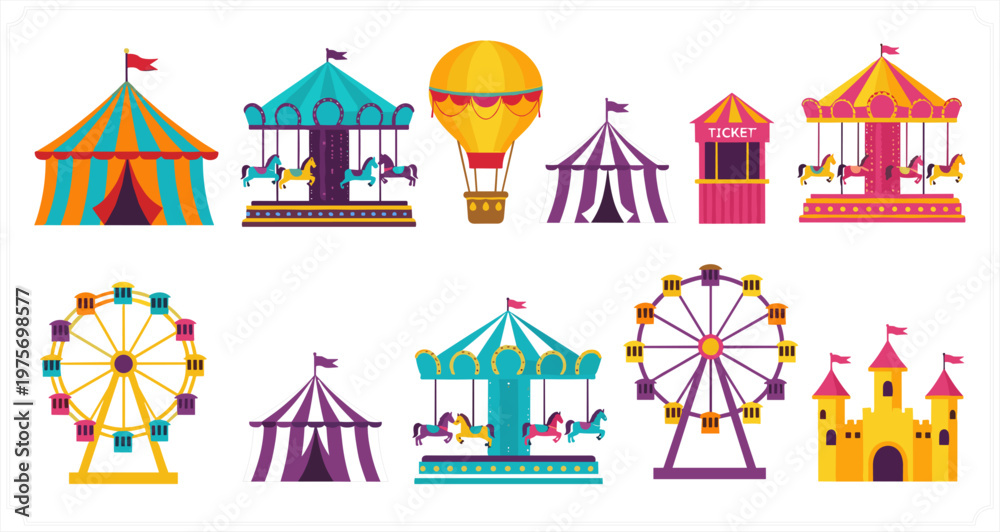 Obraz premium Colorful Amusement Park Illustration Set Featuring Circus Tents Ferris Wheels Carousel Castle and Hot Air Balloon for Carnival Entertainment Design