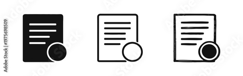 Document with circle icon set. Add new file, document status, or attachment symbol.