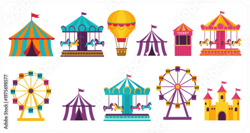 Colorful Amusement Park Illustration Set Featuring Circus Tents Ferris Wheels Carousel Castle and Hot Air Balloon for Carnival Entertainment Design