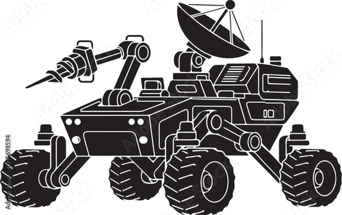 Black, robotic rover vehicle, satellite dish, drilling arm, futuristic transport