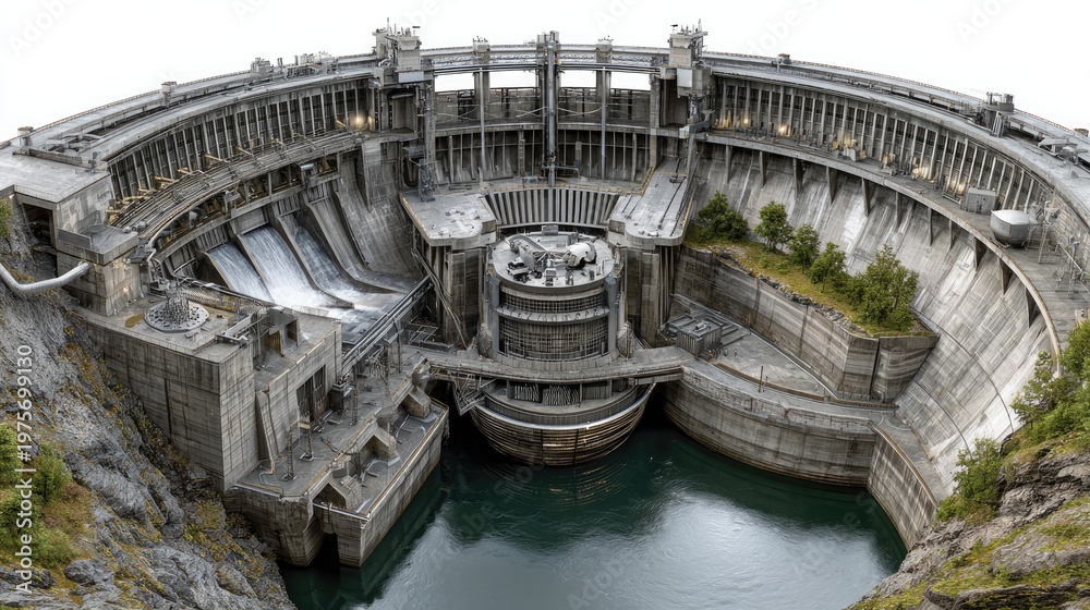 Fototapeta premium Monumental Dam: A breathtaking, wide-angle shot of a grand dam, showcasing intricate architectural design and the powerful waters it contains.
