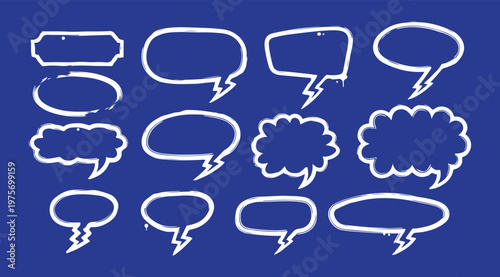 A collection of hand-drawn white speech bubbles and conversational frames set against a solid blue background.
