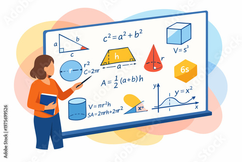 Female Teacher Explaining Geometry and Math Formulas on Whiteboard